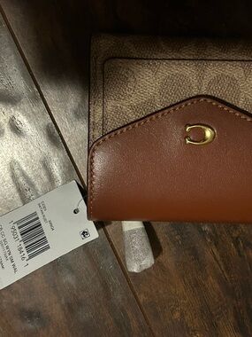 Coach Signature Canvas Card Case with Tan Leather Trim